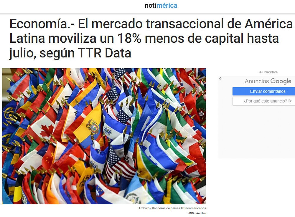 Economa.- El mercado transaccional de Amrica Latina moviliza un 18% menos de capital hasta julio, segn TTR Data